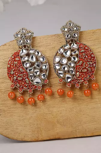 Gold Plated Traditional Orange Meenakari Kundan Stone Chandbalis