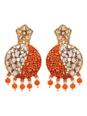 Gold Plated Traditional Orange Meenakari Kundan Stone Chandbalis 4