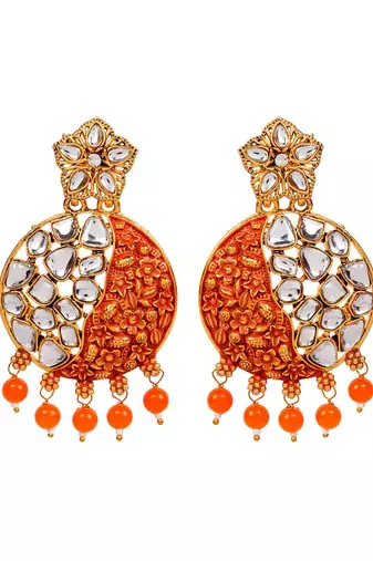 Gold Plated Traditional Orange Meenakari Kundan Stone Chandbalis