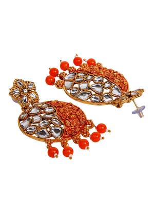 Gold Plated Traditional Orange Meenakari Kundan Stone Chandbalis 5