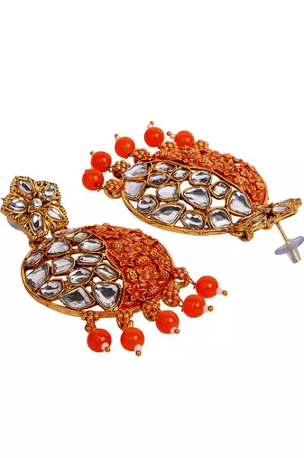 Gold Plated Traditional Orange Meenakari Kundan Stone Chandbalis
