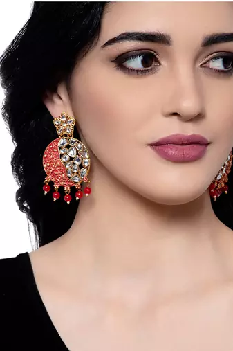 Gold Plated Traditional Red Meenakari Kundan Stone Chandbalis