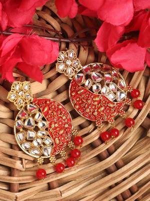 Gold Plated Traditional Red Meenakari Kundan Stone Chandbalis 3