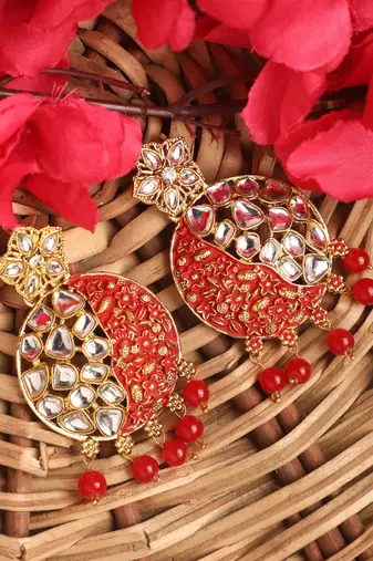 Gold Plated Traditional Red Meenakari Kundan Stone Chandbalis