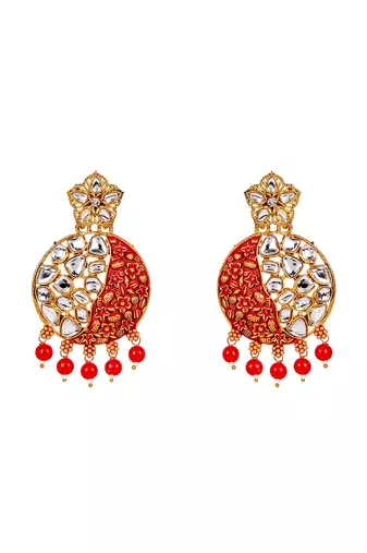 Gold Plated Traditional Red Meenakari Kundan Stone Chandbalis