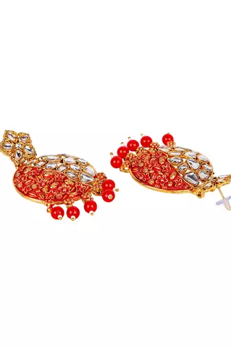 Gold Plated Traditional Red Meenakari Kundan Stone Chandbalis