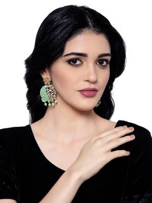Gold Plated Traditional Sea Green Meenakari Kundan Stone Chandbalis 1