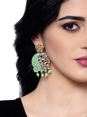 Gold Plated Traditional Sea Green Meenakari Kundan Stone Chandbalis 2