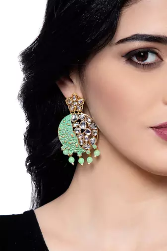 Gold Plated Traditional Sea Green Meenakari Kundan Stone Chandbalis