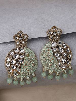 Gold Plated Traditional Sea Green Meenakari Kundan Stone Chandbalis 3