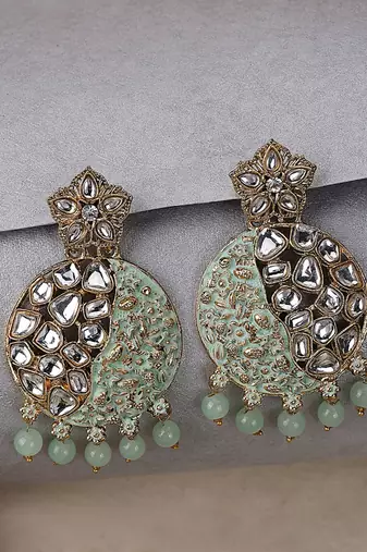Gold Plated Traditional Sea Green Meenakari Kundan Stone Chandbalis