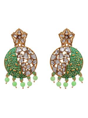 Gold Plated Traditional Sea Green Meenakari Kundan Stone Chandbalis 4