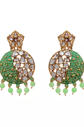 Gold Plated Traditional Sea Green Meenakari Kundan Stone Chandbalis