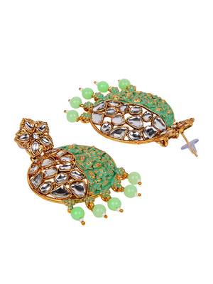Gold Plated Traditional Sea Green Meenakari Kundan Stone Chandbalis 5