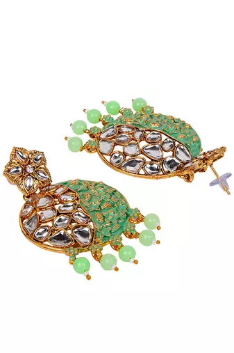Gold Plated Traditional Sea Green Meenakari Kundan Stone Chandbalis