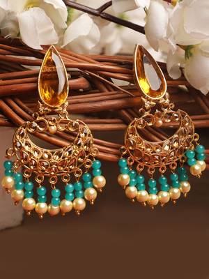 Ethnic Gold Plated Enamelled Stone and Pearl Partywear Earring 2