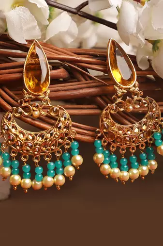 Ethnic Gold Plated Enamelled Stone and Pearl Partywear Earring