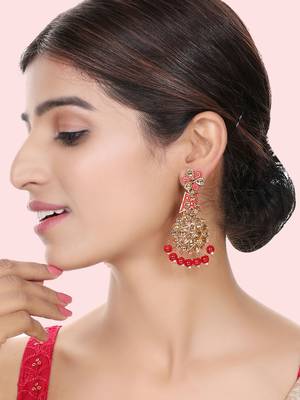 Traditional Red & Gold-Toned Teardrop Shaped Drop Earrings 1