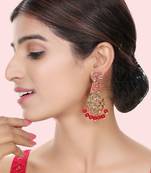 Traditional Red & Gold-Toned Teardrop Shaped Drop Earrings
