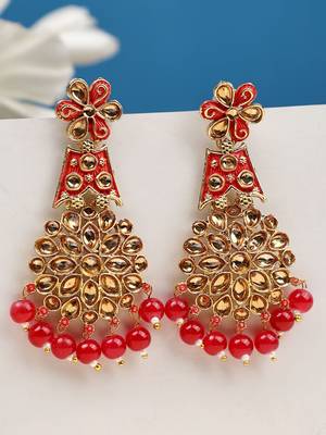 Traditional Red & Gold-Toned Teardrop Shaped Drop Earrings 2