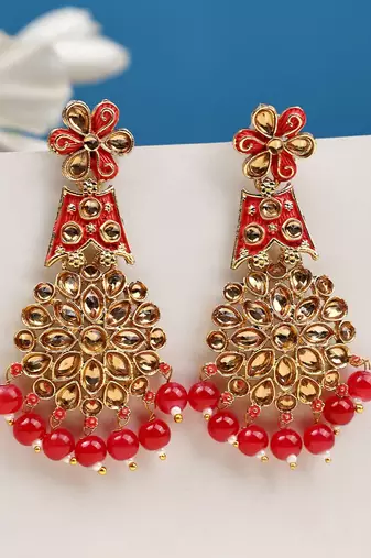Traditional Red & Gold-Toned Teardrop Shaped Drop Earrings