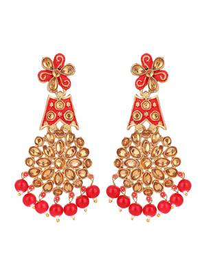 Traditional Red & Gold-Toned Teardrop Shaped Drop Earrings 3