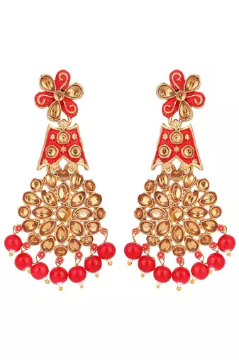 Traditional Red & Gold-Toned Teardrop Shaped Drop Earrings