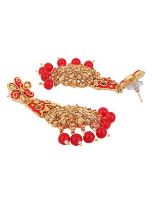 Traditional Red & Gold-Toned Teardrop Shaped Drop Earrings 4