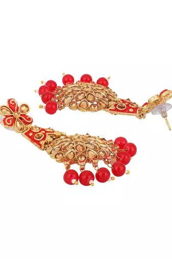 Traditional Red & Gold-Toned Teardrop Shaped Drop Earrings