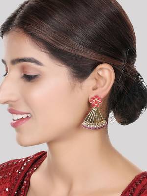 Traditional Gold Tone Class Triangular Shape Pink Stone Earring 1
