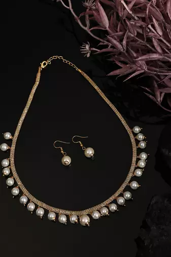 Elegant Pearl and AD Stone Sleek Off white Jewellery Set