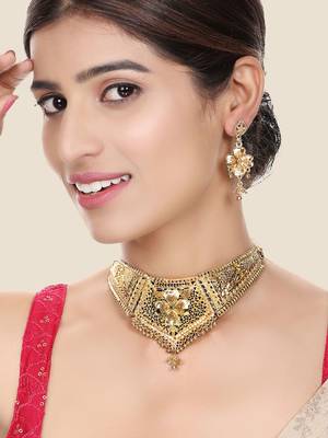 Traditional Gold Plated Self Designed Floral Choker Set 1