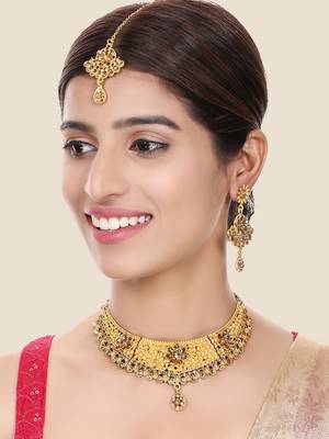 Designer Gold Plated Traditional Matte Finish Necklace with Earring Maangtika 1