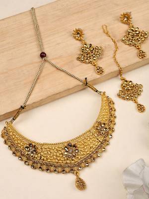 Designer Gold Plated Traditional Matte Finish Necklace with Earring Maangtika 2