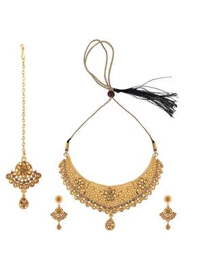Designer Gold Plated Traditional Matte Finish Necklace with Earring Maangtika 3