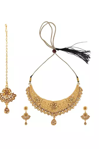Designer Gold Plated Traditional Matte Finish Necklace with Earring Maangtika