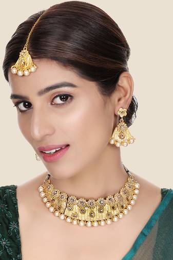 Designer Gold Plated Traditional Matte Finish Necklace with Earring Maangtika