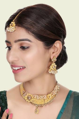 Designer Gold Plated Traditional Matte Finish Necklace with Earring Maangtika