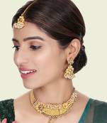 Designer Gold Plated Traditional Matte Finish Necklace with Earring Maangtika
