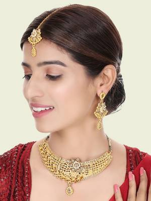 Designer Gold Plated Traditional Matte Finish Necklace with Earring Maangtika 1