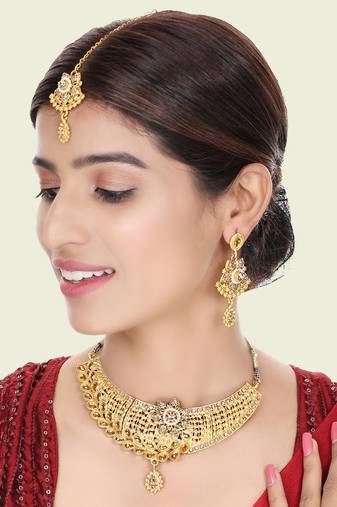 Designer Gold Plated Traditional Matte Finish Necklace with Earring Maangtika