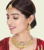 Designer Gold Plated Traditional Matte Finish Necklace with Earring Maangtika