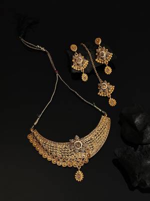 Designer Gold Plated Traditional Matte Finish Necklace with Earring Maangtika 2