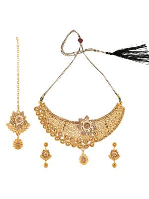 Designer Gold Plated Traditional Matte Finish Necklace with Earring Maangtika 3