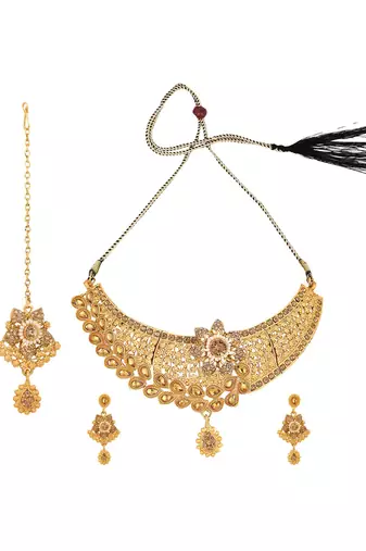 Designer Gold Plated Traditional Matte Finish Necklace with Earring Maangtika