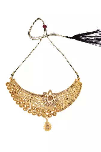 Designer Gold Plated Traditional Matte Finish Necklace with Earring Maangtika
