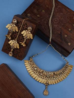 Designer Gold Plated Traditional Matte Finish Necklace with Earring Maangtika 1
