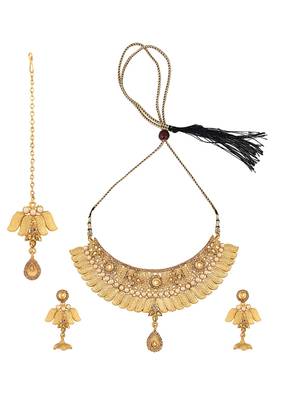 Designer Gold Plated Traditional Matte Finish Necklace with Earring Maangtika 2