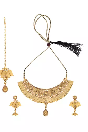 Designer Gold Plated Traditional Matte Finish Necklace with Earring Maangtika