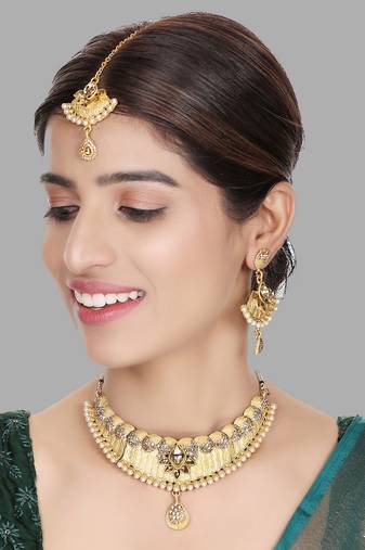 Designer Gold Plated Traditional Matte Finish Necklace with Earring Maangtika